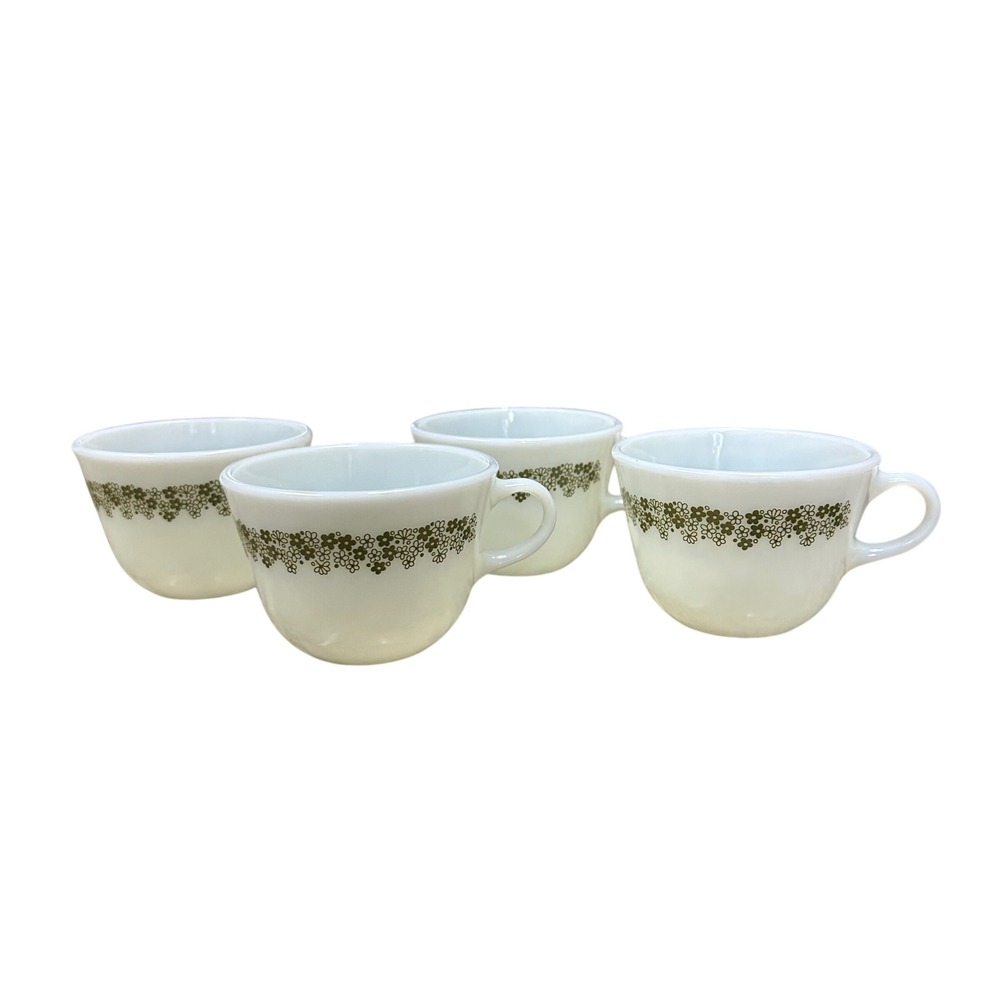 Vintage Pyrex Mugs Set of 4, Green Floral Lace‎ Band, Milk Glass Coffee Cups